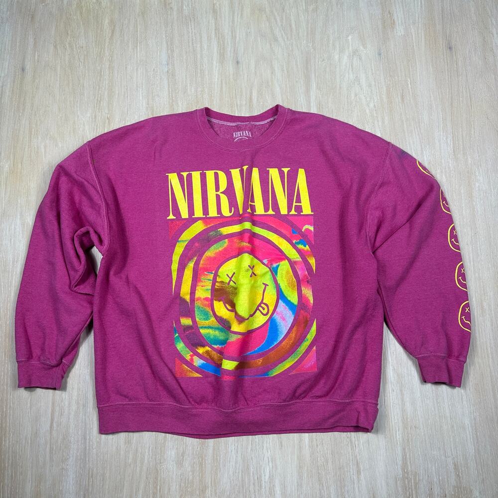 Nirvana Pink Graphic Print Crew Neck Pullover Casual Punk Oversized Sweater S/M